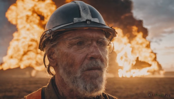 solo,looking at viewer,1boy,closed mouth,male focus,outdoors,sky,cloud,blurry,uniform,military,military uniform,blurry background,facial hair,helmet,portrait,beard,realistic,mustache,manly,explosion,old,old man,brown hair,hat,glasses,ocean,smoke,war