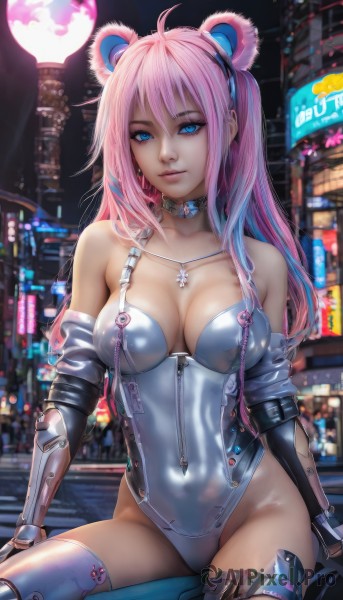 1girl,solo,long hair,breasts,looking at viewer,smile,bangs,blue eyes,large breasts,thighhighs,gloves,animal ears,cleavage,hair between eyes,bare shoulders,jewelry,medium breasts,sitting,blue hair,collarbone,pink hair,ahoge,multicolored hair,outdoors,parted lips,detached sleeves,choker,elbow gloves,shiny,artist name,fingerless gloves,necklace,blurry,collar,two-tone hair,white thighhighs,leotard,lips,covered navel,thigh strap,night,depth of field,blurry background,fake animal ears,watermark,highleg,piercing,building,breasts apart,skin tight,pendant,highleg leotard,zipper,strapless leotard,science fiction,city,realistic,white leotard,holster,zipper pull tab,cyborg,bear ears,thigh holster,cyberpunk,thighs,hairband,signature,android,mechanical arms,single mechanical arm,prosthesis,neon lights