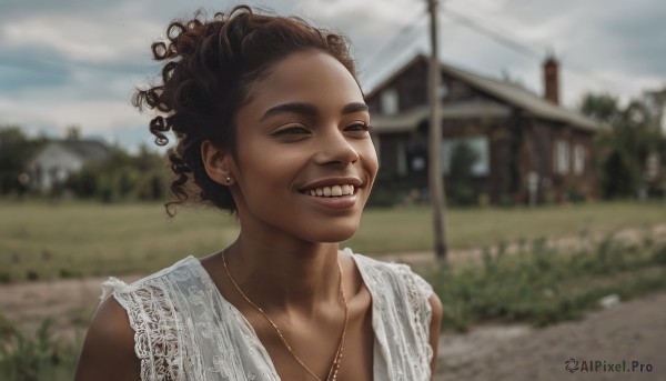 1girl,solo,looking at viewer,smile,brown hair,black hair,dress,brown eyes,jewelry,upper body,earrings,outdoors,sky,teeth,sleeveless,day,cloud,dark skin,necklace,grin,blurry,black eyes,dark-skinned female,lips,depth of field,blurry background,building,curly hair,realistic,house,power lines,very dark skin,real life insert,afro,short hair,closed eyes,white dress,tree,cloudy sky,grass