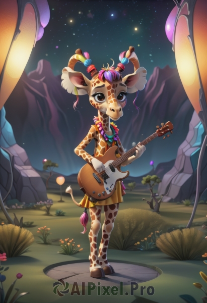 1girl,solo,looking at viewer,smile,short hair,skirt,hair ornament,gloves,holding,animal ears,brown eyes,jewelry,closed mouth,standing,tail,full body,purple hair,flower,multicolored hair,outdoors,sky,sleeveless,artist name,white gloves,necklace,tree,night,grass,instrument,star (sky),night sky,furry,starry sky,beads,furry female,music,guitar,antlers,body fur,white fur,playing instrument,holding instrument,animal nose,snout,brown fur,deer ears,hooves,deer,blue hair,pink hair,teeth,solo focus,bracelet,two-tone hair,bell,makeup,sandals,freckles,leopard print,lizard