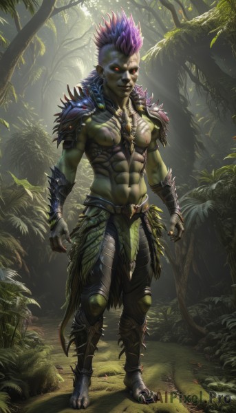 solo,red eyes,gloves,1boy,navel,jewelry,standing,full body,weapon,purple hair,male focus,outdoors,barefoot,teeth,pointy ears,artist name,armor,tree,muscular,glowing,colored skin,leaf,abs,sunlight,grass,pectorals,plant,muscular male,shoulder armor,nature,glowing eyes,forest,colored sclera,topless male,green skin,loincloth,monster boy,mohawk,nipples,blue hair,spiked hair,blue skin,grey skin