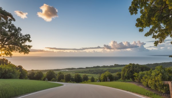 outdoors,sky,day,cloud,water,tree,blue sky,no humans,ocean,cloudy sky,grass,nature,scenery,forest,sunset,mountain,horizon,road,bush,landscape,mountainous horizon,path,hill,sunlight