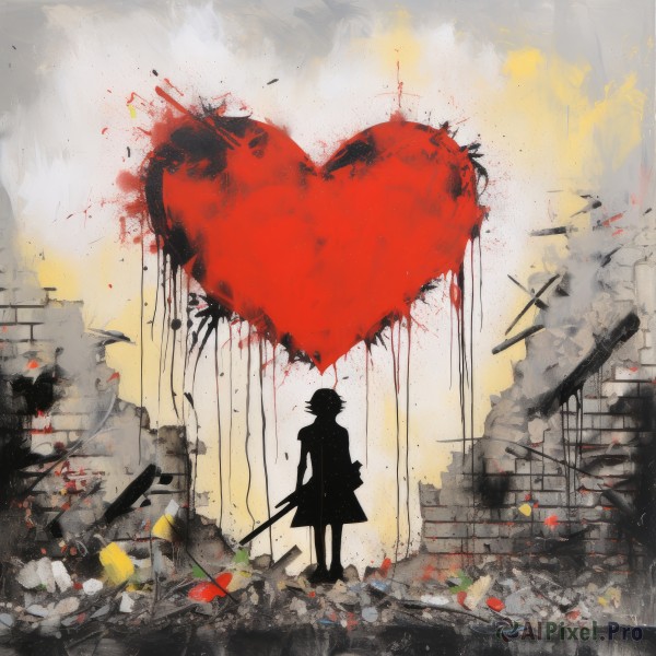 1girl,solo,short hair,1boy,hat,holding,standing,weapon,male focus,heart,sword,gun,blood,spot color,silhouette,ruins,rubble,from behind,holding weapon,holding sword,blood splatter