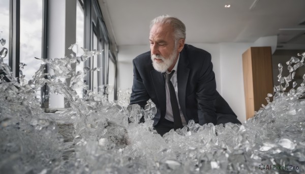 solo,short hair,shirt,long sleeves,1boy,closed mouth,jacket,white shirt,white hair,grey hair,male focus,necktie,collared shirt,pants,indoors,black jacket,window,facial hair,formal,suit,black necktie,beard,realistic,mustache,old,old man,black suit,wrinkled skin,closed eyes,open clothes,blurry,dress shirt,black pants