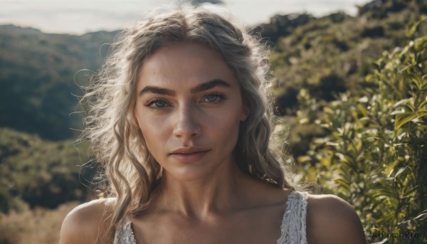 1girl,solo,long hair,looking at viewer,blue eyes,blonde hair,brown hair,dress,bare shoulders,closed mouth,collarbone,upper body,outdoors,day,blurry,lips,grey eyes,depth of field,blurry background,wavy hair,portrait,freckles,curly hair,realistic,nose,sunlight,thick eyebrows,plant,messy hair,backlighting