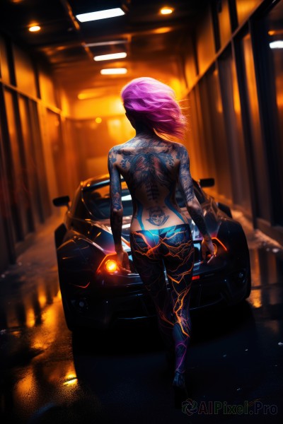 1girl,solo,long hair,short hair,gloves,underwear,standing,panties,full body,pink hair,purple hair,ass,pants,fingerless gloves,from behind,blurry,tattoo,back,topless,denim,ground vehicle,motor vehicle,walking,butt crack,lowleg,facing away,car,road,arm tattoo,cyberpunk,back tattoo,bodysuit,glowing,wind,skin tight,arms at sides,motorcycle,dimples of venus,neon trim,lights,neon lights,full-body tattoo