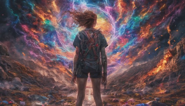 1girl, solo, long hair, brown hair, shirt, standing, short sleeves, outdoors, sky, shorts, artist name, cloud, signature, bag, from behind, blood, floating hair, watermark, backpack, cloudy sky, fire, wind, t-shirt, scenery, smoke, science fiction, realistic, fantasy, arms at sides, electricity, facing away, aura, lightning