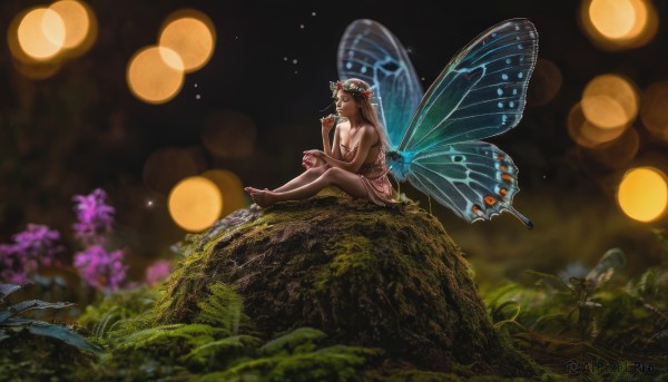 1girl,solo,long hair,breasts,skirt,brown hair,hair ornament,medium breasts,sitting,closed eyes,flower,outdoors,wings,barefoot,pointy ears,hair flower,blurry,night,depth of field,topless,bug,nature,fairy wings,fairy,head wreath,bokeh,butterfly wings,fireflies,dress,cleavage,bare shoulders,cup,fruit,plant,butterfly,drinking glass,realistic