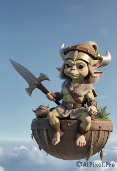 1girl,solo,looking at viewer,smile,brown hair,1boy,holding,animal ears,brown eyes,jewelry,sitting,closed mouth,full body,weapon,male focus,outdoors,horns,sky,barefoot,day,pointy ears,belt,cloud,holding weapon,blue sky,colored skin,helmet,polearm,child,genderswap,furry,spear,axe,green skin,loincloth,barrel,fewer digits,yordle,black eyes,web address,fake horns,furry male,monster boy,horned headwear,horned helmet,goblin