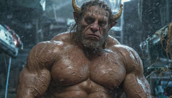 solo,looking at viewer,short hair,black hair,1boy,animal ears,nipples,upper body,male focus,nude,horns,pointy ears,dark skin,blurry,wet,muscular,blurry background,facial hair,scar,abs,dark-skinned male,pectorals,muscular male,bara,beard,scar on face,large pectorals,rain,veins,topless male,mature male,realistic,mustache,cow ears,cow horns,old,chest hair,old man,arm hair,cow boy,closed mouth,outdoors,stomach,facing viewer,snow,snowing,monster boy,dragon boy