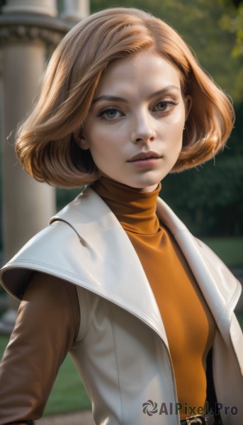 1girl,solo,breasts,looking at viewer,short hair,blonde hair,brown hair,shirt,long sleeves,brown eyes,closed mouth,jacket,upper body,outdoors,open clothes,day,belt,blurry,vest,sweater,lips,blurry background,turtleneck,bob cut,forehead,freckles,realistic,nose,orange shirt,orange sweater,orange vest,bangs,green eyes,parted lips,artist name,signature,watermark,turtleneck sweater