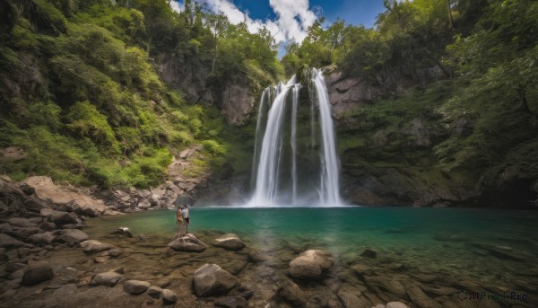 1girl, solo, outdoors, sky, day, cloud, water, tree, blue sky, nature, scenery, rock, waterfall