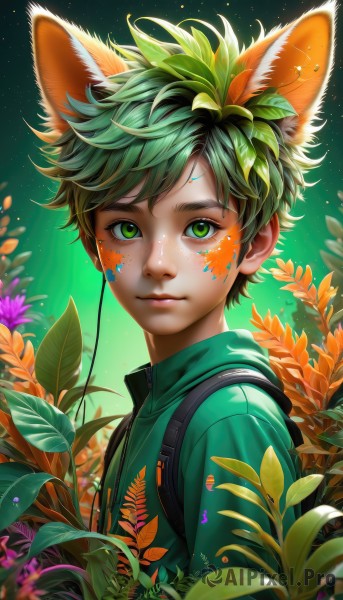 solo,looking at viewer,smile,short hair,bangs,1boy,animal ears,closed mouth,green eyes,upper body,flower,male focus,outdoors,green hair,artist name,cat ears,hood,bag,blurry,from side,lips,gradient,fox ears,leaf,watermark,facial mark,backpack,plant,freckles,nose,facepaint,fox boy,midoriya izuku,shirt,jacket,multicolored hair,sky,messy hair,star (sky),web address,extra ears,kemonomimi mode,green jacket,green shirt,male child