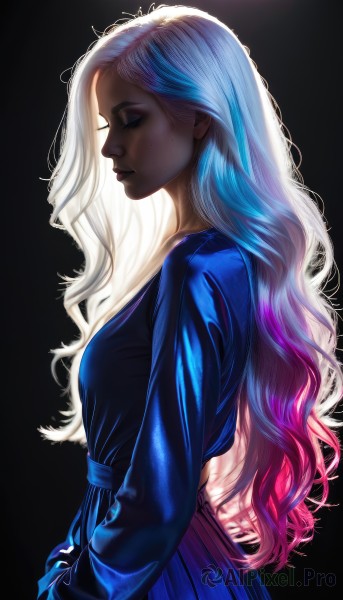 1girl,solo,long hair,breasts,blue eyes,simple background,long sleeves,dress,closed mouth,blue hair,upper body,pink hair,white hair,multicolored hair,mole,from side,two-tone hair,lips,eyelashes,gradient hair,profile,makeup,blue dress,wavy hair,black background,eyeshadow,freckles,nose,medium breasts,closed eyes,artist name,dark skin,dark-skinned female,streaked hair,mole under eye,lipstick,backlighting,curly hair,sidelighting