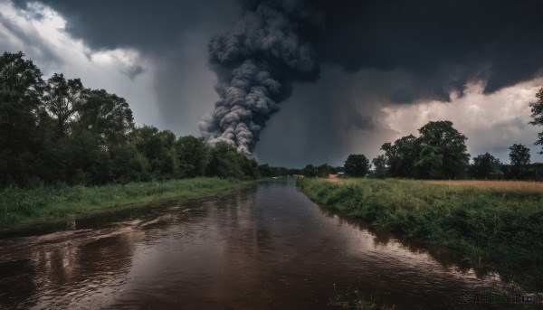 outdoors,sky,day,cloud,water,tree,no humans,cloudy sky,grass,nature,scenery,forest,smoke,reflection,road,bush,river,landscape,fire,building