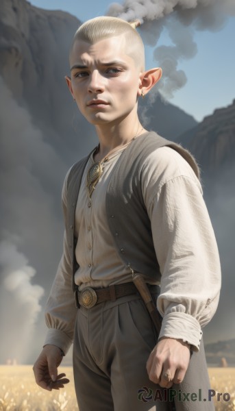 solo,looking at viewer,blonde hair,shirt,long sleeves,1boy,brown eyes,jewelry,standing,white shirt,male focus,cowboy shot,earrings,outdoors,sky,day,pointy ears,belt,pants,cloud,necklace,blurry,vest,blue sky,blurry background,black pants,ring,elf,smoke,mountain,realistic,weapon,brown pants