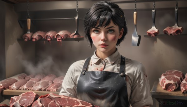 1girl,solo,looking at viewer,short hair,bangs,blue eyes,shirt,black hair,white shirt,upper body,parted lips,food,collared shirt,indoors,black eyes,apron,lips,dress shirt,blood,chain,knife,steam,injury,blood on face,realistic,blood on clothes,dirty,meat,horror (theme),guro,dirty face,black apron,tongs,steak,blush,closed mouth,red lips,cooking,kitchen,frying pan,spatula,hook