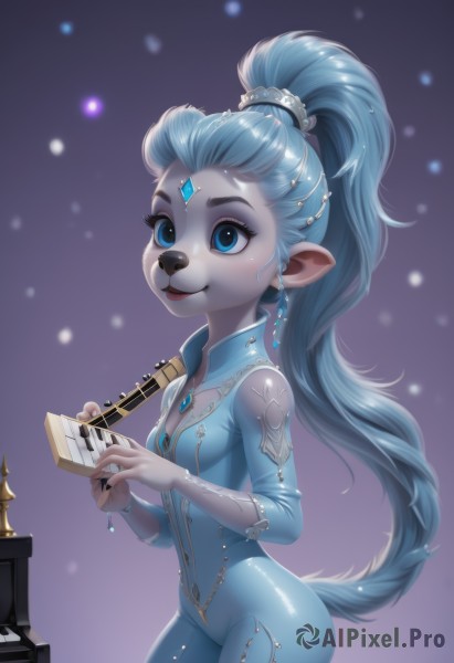 1girl,solo,long hair,breasts,smile,blue eyes,hair ornament,dress,holding,animal ears,cleavage,jewelry,blue hair,tail,ponytail,cowboy shot,earrings,small breasts,pointy ears,shiny,artist name,clothing cutout,bodysuit,makeup,cleavage cutout,high ponytail,gem,instrument,furry,snow,purple background,snowing,furry female,music,playing instrument,holding instrument,hair pulled back,animal nose,snout,piano,very long hair,nail polish,lips,eyelashes,colored skin,black nails,blue skin,forehead jewel