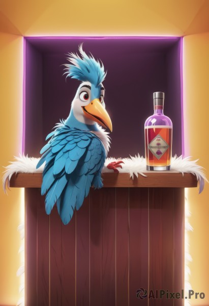 solo,looking at viewer,red eyes,indoors,cup,pokemon (creature),no humans,bird,bottle,feathers,alcohol,drinking glass,animal focus,bar (place),talons,beak,1boy,brown eyes,sitting,male focus,artist name,watermark,table,furry,counter,blue feathers,whiskey