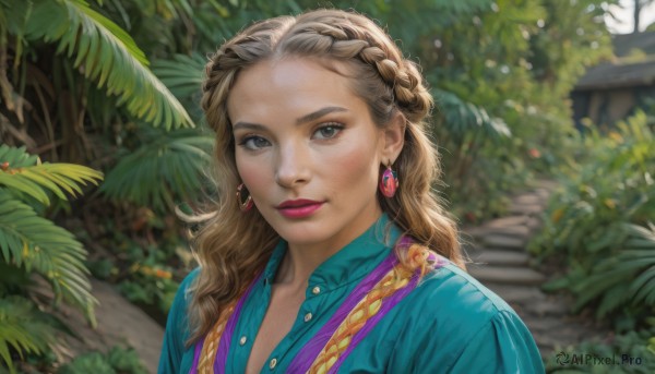 1girl,solo,long hair,looking at viewer,smile,blonde hair,brown hair,shirt,brown eyes,jewelry,closed mouth,upper body,braid,earrings,outdoors,day,collared shirt,blurry,lips,grey eyes,eyelashes,makeup,depth of field,blurry background,leaf,blue shirt,plant,lipstick,portrait,french braid,pink lips,realistic,nose,red lips,crown braid,parted lips,tree,sunlight,gem,forehead,eyeshadow,unbuttoned,dappled sunlight