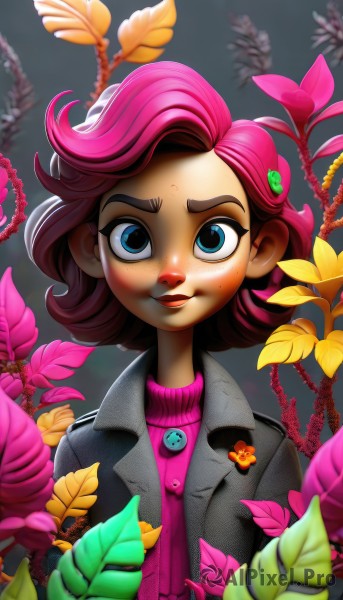 1girl,solo,looking at viewer,smile,short hair,blue eyes,hair ornament,closed mouth,jacket,upper body,pink hair,flower,open clothes,hairclip,artist name,medium hair,blurry,sweater,open jacket,lips,black jacket,eyelashes,makeup,buttons,turtleneck,leaf,watermark,thick eyebrows,plant,freckles,nose,badge,pink sweater,button badge,ladybug,shirt,web address,pink shirt