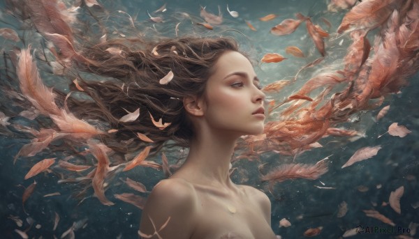 1girl, solo, long hair, brown hair, brown eyes, upper body, nude, parted lips, lips, leaf, fish, underwater, realistic