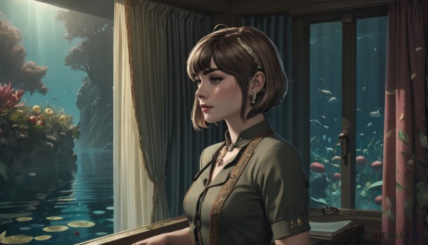 1girl,solo,breasts,blush,short hair,bangs,brown hair,shirt,brown eyes,jewelry,medium breasts,closed mouth,upper body,flower,short sleeves,hairband,earrings,choker,indoors,water,necklace,from side,tree,lips,book,black shirt,window,profile,makeup,night,leaf,looking away,sunlight,plant,lipstick,curtains,scenery,pendant,reflection,fish,light rays,nose,green shirt,red lips,lily pad,aquarium,small breasts,parted lips,eyelashes,thick eyebrows,looking afar,mushroom,windowsill