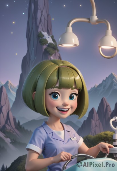 1girl,solo,looking at viewer,smile,short hair,open mouth,bangs,blue eyes,blonde hair,shirt,white shirt,upper body,short sleeves,:d,hairband,small breasts,outdoors,green hair,sky,teeth,collared shirt,blunt bangs,tree,night,bob cut,blue shirt,child,star (sky),night sky,starry sky,freckles,mountain,female child,blush,nail polish,lips,eyelashes,nose