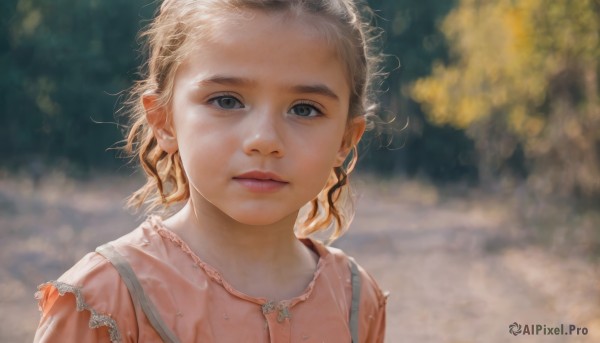 1girl,solo,looking at viewer,short hair,blue eyes,blonde hair,shirt,dress,closed mouth,upper body,outdoors,blurry,lips,grey eyes,depth of field,blurry background,expressionless,child,portrait,pink dress,forehead,curly hair,pink shirt,realistic,nose,female child,parted lips,day,sunlight