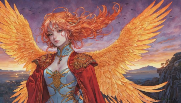 1girl,solo,long hair,breasts,looking at viewer,cleavage,brown eyes,jewelry,medium breasts,upper body,red hair,outdoors,wings,sky,cloud,cape,orange hair,armor,lips,floating hair,bird,wind,feathered wings,sunset,circlet,mountain,yellow wings,dress,earrings,necklace,detached collar,shoulder armor