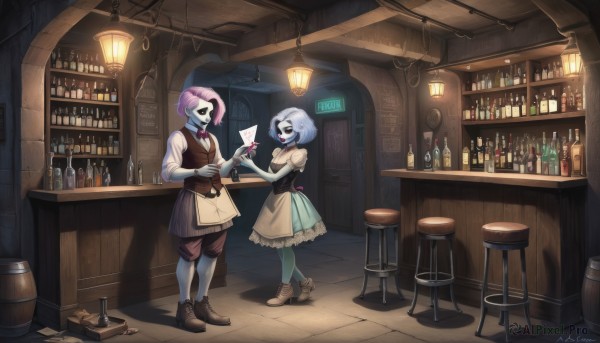 1girl,smile,short hair,open mouth,shirt,gloves,1boy,dress,bow,holding,standing,full body,white shirt,pink hair,white hair,short sleeves,:d,grey hair,boots,frills,shoes,shorts,teeth,puffy sleeves,collared shirt,pants,artist name,indoors,signature,bowtie,looking at another,apron,vest,cup,puffy short sleeves,mask,colored skin,brown footwear,bottle,alcohol,drinking glass,colored sclera,height difference,blue skin,waitress,wine glass,stool,wine,shelf,brown vest,wine bottle,bar (place),counter,cocktail glass,barrel,bartender,bar stool,long sleeves,purple hair,monster girl,black sclera,grey skin,arthropod girl,letter,ceiling light