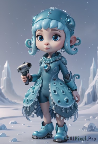 1girl,solo,looking at viewer,smile,short hair,blue eyes,long sleeves,hat,dress,holding,jewelry,closed mouth,blue hair,standing,full body,weapon,boots,outdoors,sky,holding weapon,lips,gun,child,holding gun,tentacles,snow,blue headwear,blue footwear,tentacle hair,snowing,female child,suction cups,artist name,necklace,blue dress,monster girl,bike shorts,handgun