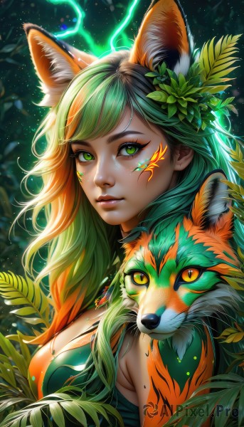 1girl,solo,long hair,breasts,looking at viewer,bangs,large breasts,hair ornament,animal ears,cleavage,jewelry,medium breasts,closed mouth,green eyes,upper body,multicolored hair,parted lips,green hair,artist name,hair flower,orange hair,mole,two-tone hair,lips,animal ear fluff,fox ears,eyelashes,tattoo,gradient hair,makeup,glowing,animal,leaf,facial mark,plant,slit pupils,fox girl,eyeshadow,pink lips,nose,red lips,eyeliner,wolf,fox,mascara,necklace,watermark,nature,web address,colored sclera,realistic,facepaint,leaf hair ornament