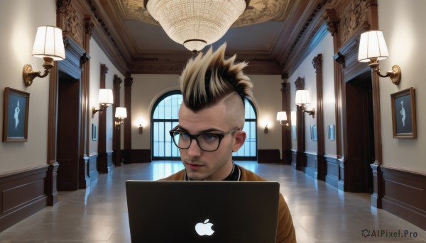 solo,short hair,blue eyes,blonde hair,brown hair,black hair,1boy,male focus,multicolored hair,glasses,indoors,two-tone hair,window,facial hair,reflection,black-framed eyewear,realistic,door,light,lamp,computer,laptop,looking at viewer,lips,beard,nose,undercut,mohawk