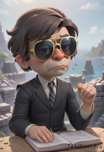 solo,short hair,brown hair,shirt,long sleeves,1boy,brown eyes,sitting,closed mouth,school uniform,jacket,white shirt,upper body,male focus,outdoors,necktie,sky,glasses,day,striped,collared shirt,cloud,water,blurry,black jacket,book,frown,formal,sunglasses,suit,child,black necktie,desk,open book,sun,male child,pencil,striped necktie,looking at viewer,black hair,artist name,black eyes,blue sky,blurry background,aged down,clenched hand,rock