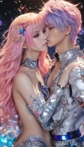 1girl,long hair,breasts,short hair,bangs,hair ornament,1boy,jewelry,closed eyes,pink hair,hetero,earrings,parted lips,detached sleeves,choker,belt,armor,blurry,from side,lips,couple,kiss,gem,bikini armor,bare shoulders,upper body,collar,realistic,imminent kiss