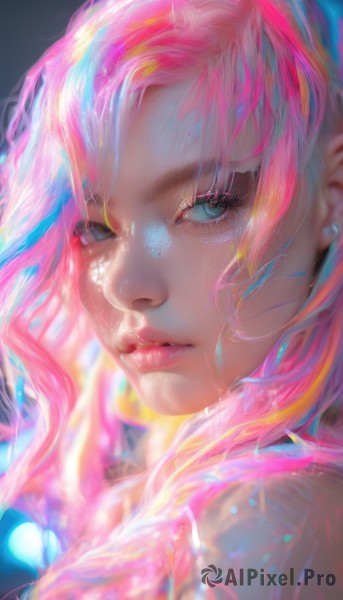 1girl,solo,long hair,looking at viewer,bangs,blue eyes,jewelry,pink hair,braid,multicolored hair,earrings,parted lips,blurry,lips,eyelashes,makeup,portrait,close-up,freckles,realistic,nose,chromatic aberration,green eyes,artist name,signature,watermark,pink lips