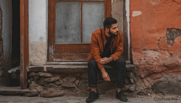 solo,short hair,shirt,black hair,long sleeves,1boy,hat,sitting,jacket,male focus,shoes,pants,black footwear,black shirt,window,facial hair,black pants,beard,beanie,orange jacket,full body,outdoors,open clothes,open jacket,looking to the side,rock,mature male,very short hair,undercut,buzz cut