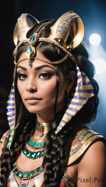 1girl,solo,long hair,breasts,looking at viewer,black hair,hair ornament,animal ears,brown eyes,jewelry,upper body,braid,earrings,choker,artist name,dark skin,necklace,twin braids,dark-skinned female,lips,eyelashes,makeup,watermark,gem,portrait,freckles,realistic,nose,headdress,egyptian clothes,multiple braids,closed mouth,signature,piercing,hair over shoulder