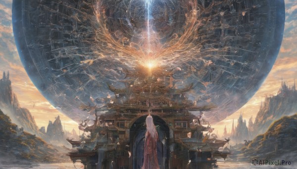 1girl,solo,long hair,dress,very long hair,standing,white hair,outdoors,sky,cloud,from behind,arm up,building,star (sky),scenery,science fiction,sunset,mountain,city,fantasy,sun,facing away,watercraft,architecture,planet,ship,landscape,spacecraft,airship,pagoda,tree,blue sky,cloudy sky,stairs,wide shot,east asian architecture