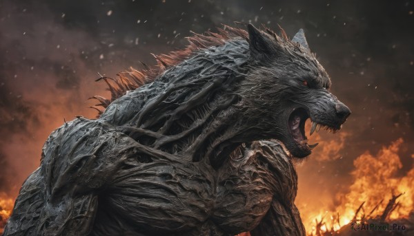 godzilla,solo,open mouth,red eyes,tail,outdoors,teeth,from side,no humans,fangs,fire,sharp teeth,claws,spikes,smoke,monster,giant,embers,kaijuu,1boy,upper body,male focus,profile,furry