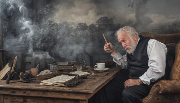 solo,shirt,long sleeves,1boy,holding,sitting,white shirt,white hair,male focus,sky,collared shirt,pants,cloud,indoors,vest,tree,cup,book,window,facial hair,chair,black pants,table,cloudy sky,beard,desk,sleeves rolled up,smoke,teacup,black vest,mug,paper,open book,realistic,mustache,pen,lamp,old,old man,quill,nib pen (object),inkwell,weapon,grey hair,gun,steam,map,wrinkled skin,telescope