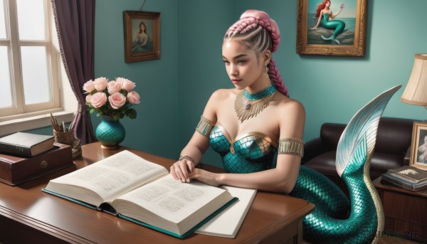 1girl,solo,long hair,breasts,cleavage,bare shoulders,jewelry,medium breasts,sitting,pink hair,braid,flower,white hair,multicolored hair,earrings,artist name,indoors,necklace,hair bun,bracelet,two-tone hair,lips,pillow,book,window,strapless,makeup,rose,watermark,table,curtains,monster girl,pink flower,armlet,desk,paper,open book,reading,lamp,scales,mermaid,photo (object),pink rose,vase,picture frame,painting (object),picture (object),portrait (object),holding,brown eyes,collarbone,choker,dark skin,dark-skinned female,neck ring,gold choker