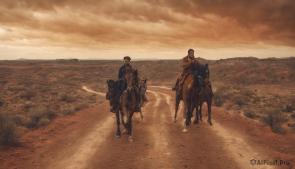 short hair,brown hair,black hair,holding,jacket,weapon,male focus,boots,outdoors,multiple boys,sky,cloud,2boys,cape,uniform,military,scenery,riding,sepia,horse,paradis military uniform,brown theme,desert,horseback riding,dust,three-dimensional maneuver gear,reins,saddle,1boy,hat,pants,sword,holding weapon,gun,animal,cloudy sky,brown jacket,sand