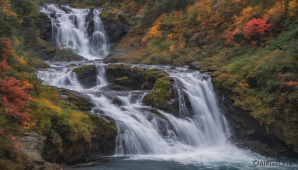 outdoors, day, water, tree, no humans, leaf, nature, scenery, forest, autumn leaves, river, autumn, waterfall