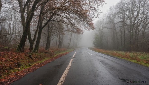 outdoors,day,tree,no humans,leaf,grass,nature,scenery,forest,road,autumn leaves,bare tree,street,autumn,path,sky,cloud,sunlight,cloudy sky,landscape