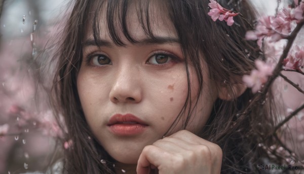 1girl, solo, long hair, looking at viewer, bangs, brown hair, brown eyes, flower, parted lips, teeth, hand up, blurry, lips, depth of field, cherry blossoms, portrait, close-up, freckles, water drop, realistic, nose, branch