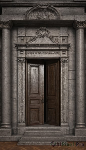 indoors,no humans,scenery,stairs,door,architecture,pillar,statue,hallway,carpet,church,arch,column,monochrome,wooden floor,wall,gate,rug