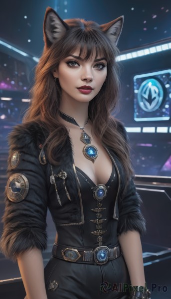 1girl,solo,long hair,breasts,looking at viewer,bangs,brown hair,gloves,animal ears,cleavage,brown eyes,jewelry,medium breasts,jacket,cowboy shot,earrings,parted lips,open clothes,choker,black gloves,belt,pants,cat ears,fingerless gloves,necklace,mole,open jacket,lips,black jacket,fur trim,makeup,wavy hair,black pants,lipstick,gem,buckle,pendant,cropped jacket,realistic,red lips,leather,badge,leather jacket,black hair,bracelet,wolf ears,nose,neon lights