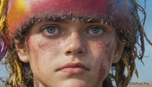 solo,looking at viewer,blue eyes,brown hair,1boy,hat,closed mouth,male focus,outdoors,sky,day,lips,expressionless,looking up,portrait,realistic,bandana,straw hat,dirty,1girl,blonde hair,blurry,blue sky,blurry background,close-up,freckles,dirty face